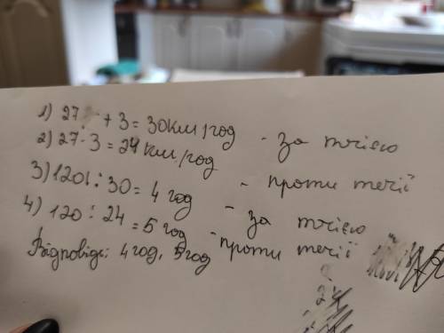 Власна швидкість теплохода 27 км/год, а швидкість течії ріки З км/год. Скільки часу витратить теплох