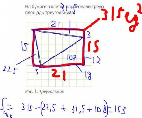 На бумаге в клетку нарисовали треугольник. Длина стороны клетки — 3 условных единиц. Найди площадь т