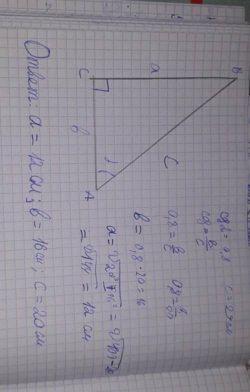 Гипотенуза прямоугольного треугольника равна 20 см а кос 0,8 найдите катеты​