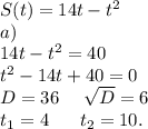 S(t)=14t-t^2\\a)\\14t-t^2=40\\t^2-14t+40=0\\D=36\ \ \ \ \sqrt{D}=6\\t_1=4\ \ \ \ \ t_2=10.