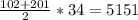 \frac{102 +201}{2} * 34 = 5151