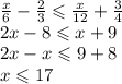 \frac{x}{6} - \frac{2}{3} \leqslant \frac{x}{12} + \frac{3}{4} \\ 2x - 8 \leqslant x + 9 \\ 2x - x \leqslant 9 + 8 \\ x \leqslant 17