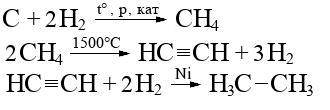 Напишіть рівняння реакцій з до яким можна здійснити перетворення? С-->СН4-->С2Н2+С2Н6