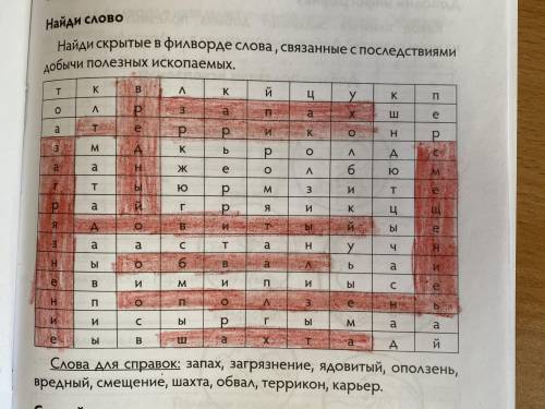 Найди скрытые филворде слова связанные с последствиями добычей полезных ископаемых четвёртый класс​