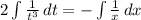 2\int\limits{\frac{1}{t^3} } \, dt =-\int\limits {\frac{1}{x} } \, dx