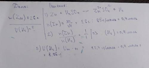 Вычисли объём водорода, который выделится в результате взаимодействия 26 г цинка с раствором H2SO4.