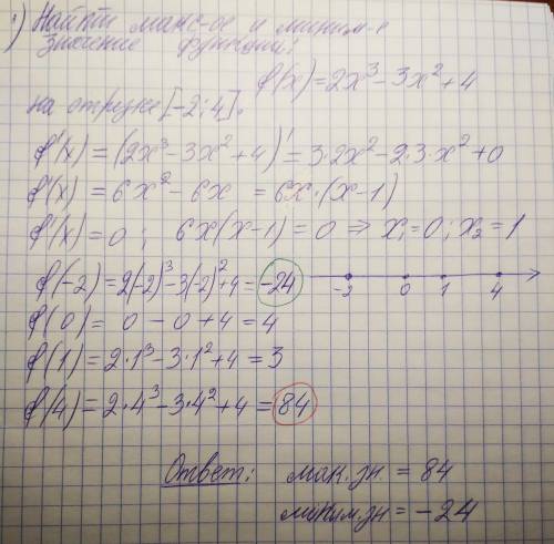 Найдите максимальное и минимальное значения функции f (x) = 2x3-3x2 + 4 на отрезке