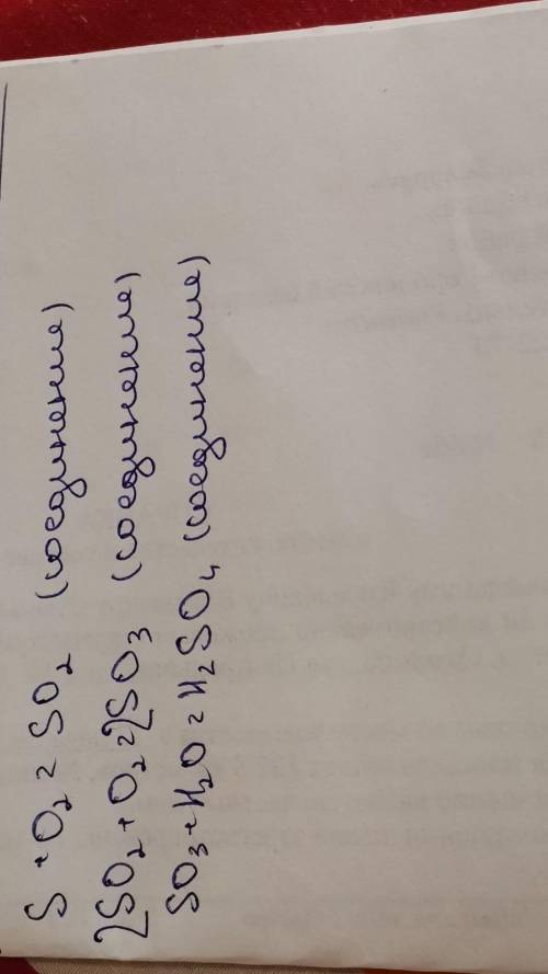 Запишите уравнения реакций.протекающих согласно схеме: S---SO2---SO3---H2SO4 Укажите тип каждой реак