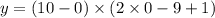 y = (10 - 0) \times (2 \times 0 - 9 + 1)