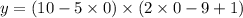 y = (10 - 5 \times 0) \times (2 \times 0 - 9 + 1)