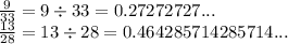 \frac {9} {33} = 9 \div 33 = 0.27272727... \\ \frac{13} {28} =13 \div 28 = 0.464285714285714...