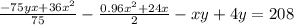 \frac{-75yx+36x^2}{75} -\frac{0.96x^2+24x}{2} -xy+4y = 208\\