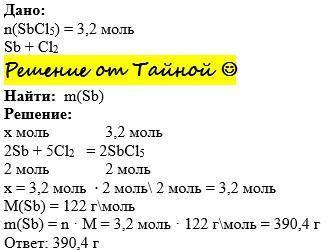 Сколько граммов сурьмы должно сгореть в избытке хлора, чтобы образовалось 3,2 молей хлорида сурьмы(V