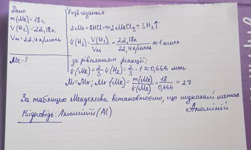 18 г тривалентного металу прореагувало з хлоридною кислотою і при цьому виділилося 22,18 л водню за