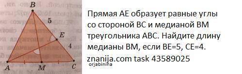 Прямая AE образует равные углы со стороной BC и медианой BM треугольника ABC. Найдите длину медианы