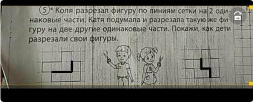 Коля разрезал фигуру по линиям сетки на 2 одинаковые части. Катя подумала и разрезала такую же фигур