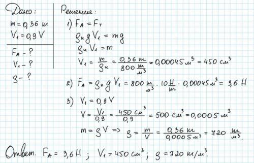 2.Однородное тело массой 360 г плавает на поверхности керосина так, что объём погружённой части сост