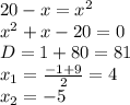 20 - x = {x}^{2} \\ {x}^{2} + x - 20 = 0 \\ D = 1 + 80 = 81 \\ x_1 = \frac{ - 1 + 9}{2} = 4 \\ x_2 = - 5