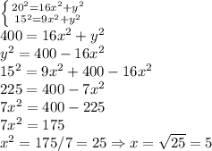 \left \{ {{20^2 = 16x^2+y^2} \atop {15^2 = 9x^2+y^2}} \right. \\400 = 16x^2+y^2\\y^2 = 400-16x^2\\15^2 = 9x^2+400-16x^2\\225 = 400-7x^2\\7x^2 = 400-225\\7x^2 = 175\\x^2 = 175/7 = 25 \Rightarrow x = \sqrt{25} = 5