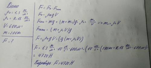 іть я у фізіці 0 Визначте підіймальну силу аеростата з об'ємом 600м3,заповненого гелієм.Маса оболонк