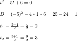 t^2 - 5t + 6 = 0\\\\D = (-5)^2 - 4 * 1 * 6 = 25 - 24 = 1\\\\t_1 = \frac{5 - 1}{2} = \frac{4}{2} = 2\\\\t_2 = \frac{5 + 1}{2} = \frac{6}{2} = 3