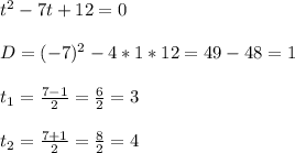 t^2 - 7t + 12 = 0\\\\D = (-7)^2 - 4 * 1 * 12 = 49 - 48 = 1\\\\t_1 = \frac{7-1}{2} = \frac{6}{2} = 3\\\\t_2 = \frac{7+1}{2} = \frac{8}{2} = 4