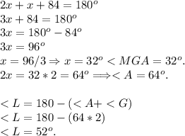 2x+x+84 = 180^o\\3x+84 = 180^o\\3x = 180^o-84^o\\3x = 96^o \\x = 96/3 \Rightarrow x = 32^o \Longrightarrw