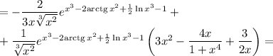 =-\dfrac{2}{3x\sqrt[3]{x^2} } e^{x^3-2\mathrm{arctg}\,x^2+\frac{1}{2}\ln x^3-1}+\\+\dfrac{1}{\sqrt[3]{x^2} } e^{x^3-2\mathrm{arctg}\,x^2+\frac{1}{2}\ln x^3-1}\left(3x^2-\dfrac{4x}{1+x^4}+\dfrac{3}{2x}\right)=