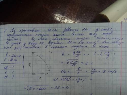 Із прямовисної скелі заввишки 20 м у море горизонтально кинули камінь. Скільки часу падав камінь? Із