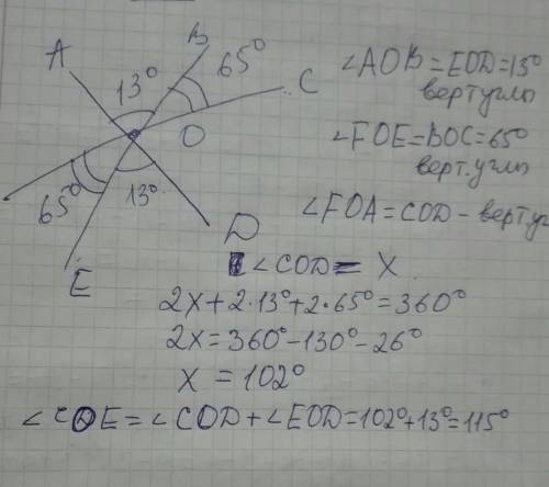 На рисунке AOB=130, FOE=650.Найдите угол СОЕ​