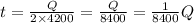 t=\frac{Q}{2\times 4200} =\frac{Q}{8400} =\frac{1}{8400} Q