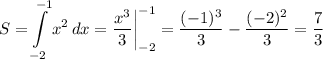 \displaystyle S=\int\limits^{-1}_{-2} {x^2} \, dx =\frac{x^3}{3} \bigg |_{-2}^{-1}=\frac{(-1)^3}{3} -\frac{(-2)^2}{3} =\frac{7}{3}