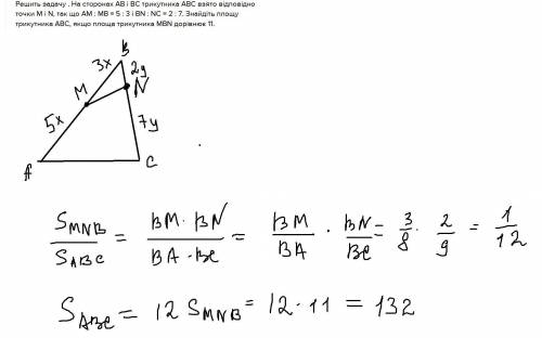 Решить задачу . На сторонах АВ і ВС трикутника АВС взято відповідно точки M і N, так що АМ : МВ = 5