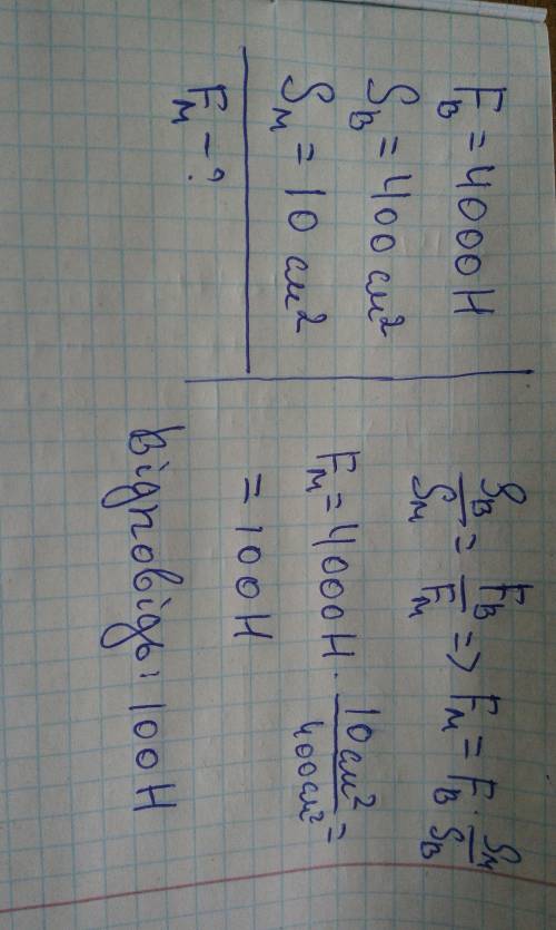 на більший поршень гідравлічної машини діє сила 4000 н яка сила діє на меньший поршень якщо площі по