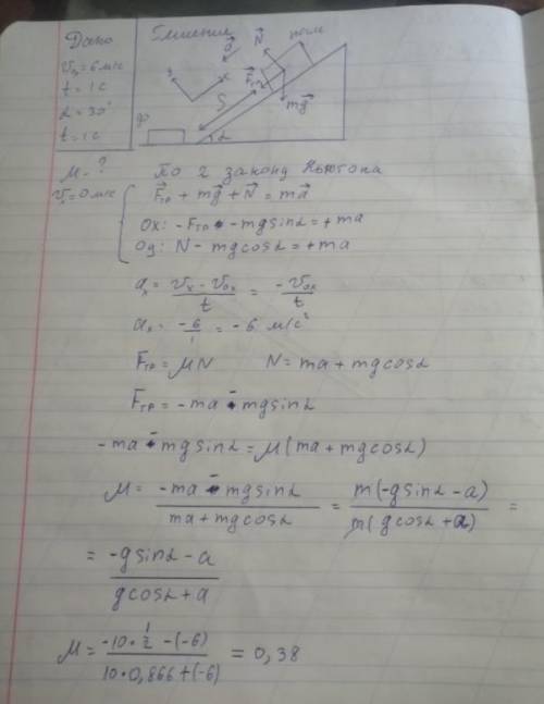 Тело массой 1 кг,которое имело у основания наклонной плоскости скорость 6 м/с движется по наклонной