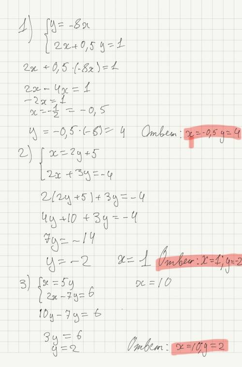 . Решите систему линейных уравнений: 1) у=-8х { 2х+0.5у=12) х=2у+5 { 2х+3у=-43) х=5у { 2х-7у=6