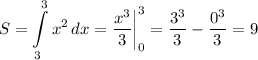 \displaystyle S=\int\limits^3_3 {x^2} \, dx = \frac{x^3}{3} \bigg |_0^3=\frac{3^3}{3} -\frac{0^3}{3} =9