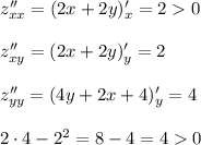 z''_{xx}=(2x+2y)'_x=20 \\ \\ z''_{xy}=(2x+2y)'_y=2 \\ \\ z''_{yy}=(4y+2x+4)'_y=4 \\ \\ 2\cdot 4 -2^2 =8-4=40