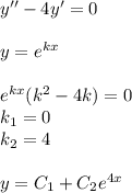 y'' - 4y' = 0 \\ \\ y = {e}^{kx} \\ \\ {e}^{kx} (k {}^{2} - 4 k) = 0 \\ k_1 = 0 \\ k_2 = 4 \\ \\ y = C_1 + C_2 {e}^{4x}