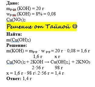 Определите массу осадка полученного при взаимодействии раствора гидроксида калия и 20 г 8% раствора