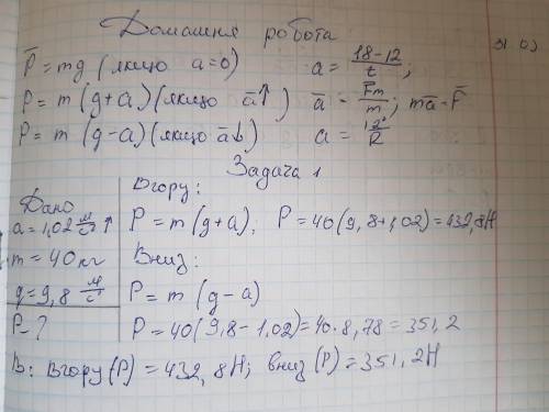 Задача 1. Яка вага хлопця масою 40 кг, який стоїть в ліфті, що рухається з прискоренням 1,02 м/с² в