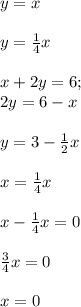 y=x \\ \\ y=\frac{1}{4} x \\ \\ x+2y=6; \\ 2y=6-x \\ \\ y=3-\frac{1}{2}x \\ \\ x=\frac{1}{4}x \\ \\ x-\frac{1}{4}x=0 \\ \\ \frac{3}{4}x=0 \\ \\ x=0