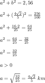 a^2+b^2=2,56 \\ \\ a^2+(\frac{4\sqrt{2}}{5})^2=\frac{256}{100} \\ \\ a^2+\frac{16\cdot 2}{25}=\frac{64}{25} \\ \\ a^2 =\frac{64}{25}-\frac{32}{25} \\ \\ a^2=\frac{32}{25}\\ \\ a0 \\ \\ a=\sqrt{\frac{32}{25}}=\frac{4\sqrt{2}}{5} \ km