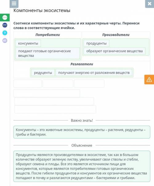 соотнеси компоненты экосистемы и живые организмы ..Перенеси слова в сооотвествущие ячейки быстрей