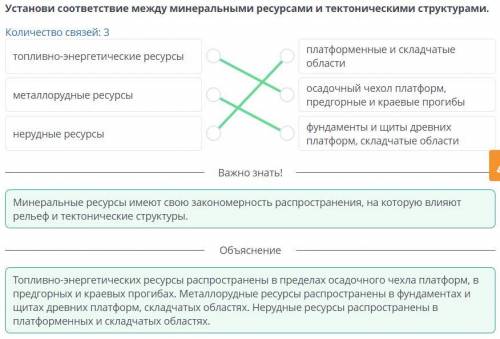 Установи соответствие между минеральными ресурсами и тектоническими структурами. Количество связей: