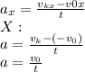 a_{x}=\frac{v_{kx}-v{0x}}{t} \\X:\\a=\frac{v_{k}-(-{v_{0}})}{t} \\a=\frac{v_{0}}{t}