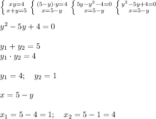 \left \{ {{xy=4} \atop {x+y=5}} \right. \left \{ {{(5-y)\cdot y=4} \atop {x=5-y}} \right. \left \{ {{5y-y^2-4=0} \atop {x=5-y}} \right. \left \{ {{y^2-5y+4=0} \atop {x=5-y}} \right. \\ \\ y^2-5y+4=0 \\ \\ y_1+y_2=5\\ y_1\cdot y_2=4 \\ \\ y_1=4; \ \ \ y_2 =1 \\ \\ x=5-y \\ \\ x_1=5-4=1; \ \ \ x_2=5-1=4