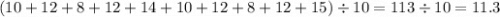 (10 + 12 + 8 + 12 + 14 + 10 + 12 + 8 + 12 + 15 ) \div 10 = 113 \div 10 = 11.3