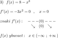 3)\ \ f(x)=8-x^3\\\\f'(x)=-3x^2=0\ \ ,\ \ \ x=0\\\\znaki\ f'(x):\ \ \ ---(0)---\\{}\qquad \qquad \qquad \ \, \quad \searrow \ \ (0)\ \ \searrow \\\\f(x)\ ybuvaet:\ \ x\in (-\infty \ ;\ +\infty \, )