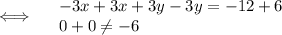 \Longleftrightarrow\quad\begin{array}{lcl}-3x+3x+3y-3y=-12+6\\0+0\neq-6\end{array}